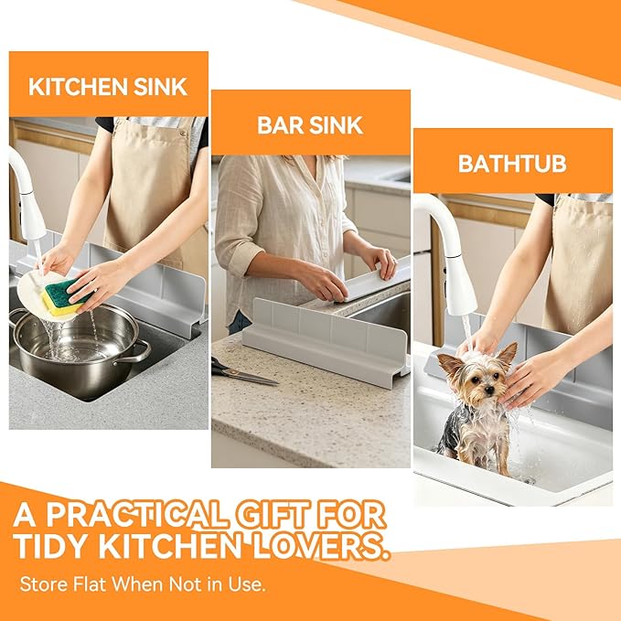 Kitchen Sink Splash Guard 22.8 Inch, Self-Draining Silicone Water Splash Guard with 7 Suction Cups, High Splash Wall & Overhang Edge, Keeps Countertop Dry, Dishwasher Safe (Gray)