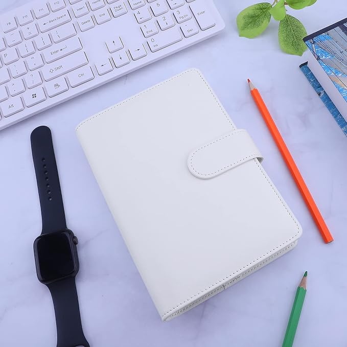 Antner A6 Binder 6 Ring Refillable Notebook Budget Planner for A6 Filler Paper, PU Leather Loose Leaf Personal Planner Wallet Money Organizer Cash Stuffing Binder with Magnetic Buckle Closure, White