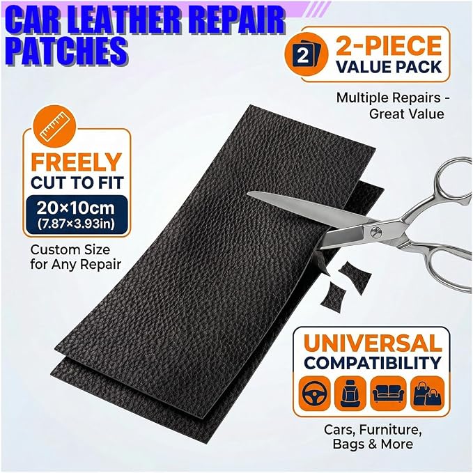 2PCS PU Leather Car Seat Repair Patch, 7.87''×3.93'' Breathable Water-Resistant Repair Tape, Portable Self-Adhesive Vehicle Interior Repairing Tool for Furniture, Couch, Sofa (Black)