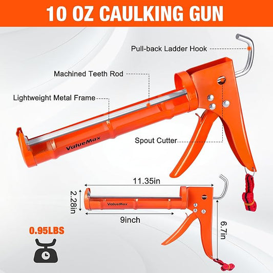 ValueMax Caulk Gun and Caulk Scraper Kit, 10OZ Smooth Silicone Caulking Gun with Caulk Remover Tool, 10:1 Thrust Ratio, Sealant Finishing Tool Grout Scraper for Caulking/Filling/Sealing