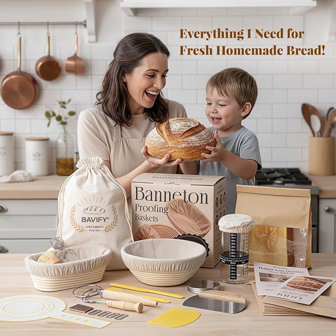 Sourdough Starter Kit, Banneton Bread Proofing Baskets Set, Sourdough Bread Baking Supplies Making Tools with Dough Scraper, Whisk, Bread Lame, Recipe