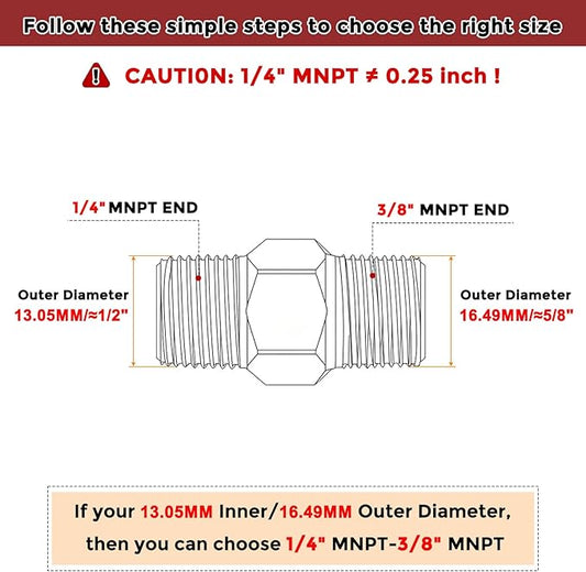 Pack of 6, 1/4" MNPT to 3/8" MNPT Solid Brass Hex Nipple Hose Connectors W/Sealing Tape, Male Pipe Adapter for Pipe Leak Repair, Bathroom Remodeling, Tool Extensions, Compression