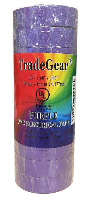 TradeGear Purple 10 Pack - UL Listed Colored Electrical Tape, 60 ft x 3/4 in, 600V, Flame Retardant, Waterproof, Rubber Adhesive - Phase Marking, Wire ID, Automotive
