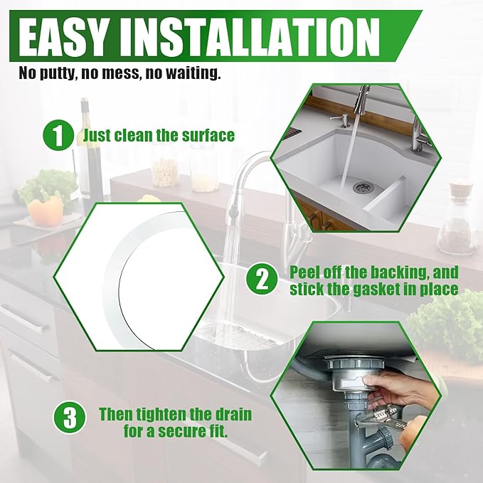 GIDDS-710001 No Putty Sink Drain Gasket 3-3/8", Self-Adhesive Kitchen Sink Drain Seal Replacement Fits All Standard Drain Attachments,Replaces Plumbers Putty for Sink Drain for Tub Drain,2-Pack
