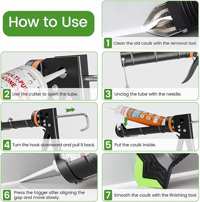 Professional Caulk Gun Kit with Caulk Remover & Silicone Sealant - 5 in 1 Caulking Tool Set for Caulking Removal, Includes Caulking Gun Tool, Silicone Scraper