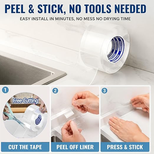 ZOMPAGO Caulk Tape 1.38in x 9.84FT Clear Waterproof Self Adhesive Caulking Tape Peel and Stick Caulk Strip for Bathroom Bathtub Toilet Kitchen Vanity Stain Resistant