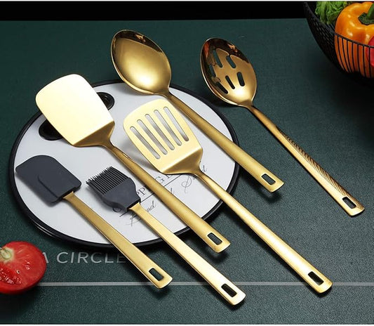 Gold Cooking Spoons, Berglander 6 Pieces Spatula Set Stainless Steel, Metal Spatula, Serving Spoon, Kitchen Tools Set Non-Stick And Heat Resistant, Dishwasher Safe, Easy to Clean (6 Packs)