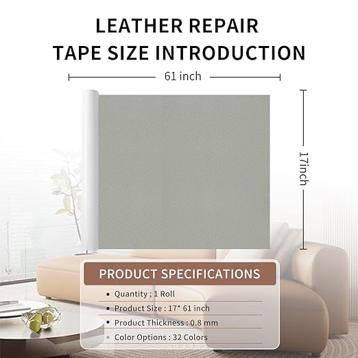 Leather Repair Patch Tape, Light Grey 17 x 61 Inches Self Adhesive Leather Repair Kit for Furniture, Car Seat,Vinyl Leather Repair Kit for Office Chairs, Bags, Luggage