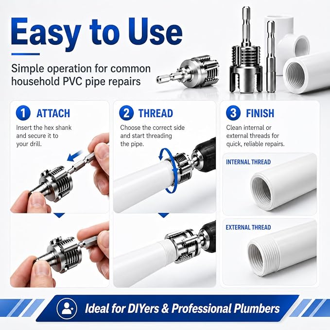 3PCS PVC Pipe Threader with Tape, Internal & External Pipe Threading Tool, Pipe Thread Cutting Tool for Drill, 1/2" 3/4" 1" NPT for PVC CPVC ABS Pipes, Thread Repair, DIY home, Garden Irrigation