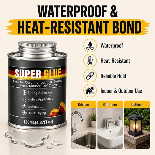 Multi-Purpose Super Glue, 4.37 oz Clear High Strength Adhesive with Brush | Clear high-strength bond, brush applicator, repairs rubber, PVC, acrylic, wood, ceramic, leather, plastic