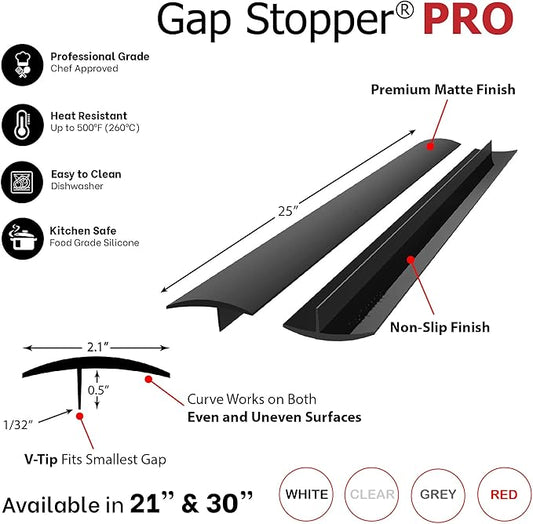 Gap Stopper® Pro - 25" Black, Professional Grade, FDA Heavy 10.0 oz Silicone, Set of 2, Covers Gap between Stove & Countertops