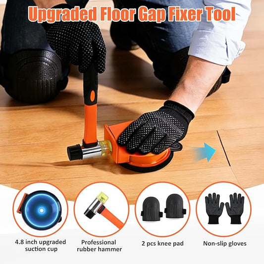 Floor Gap Fixer Tool Kit with Enhanced Vacuum Suction Cup & Rubber Mallet, Floor Gap Repair Tool for Laminate, LVP & Engineered Wood with Knee Pads and Anti-Slip Gloves
