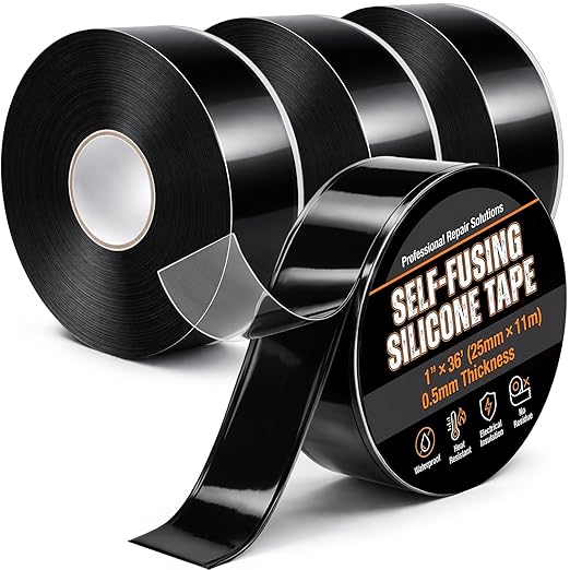 Treela 4 Rolls Self Fusing Silicone Tape 1" x 36' Black Waterproof Self Amalgamating Emergency Silicone Rubber Repair Tape for Hose Pipe Leak Sealing Electrical Insulation Plumbing Automotive Outdoor