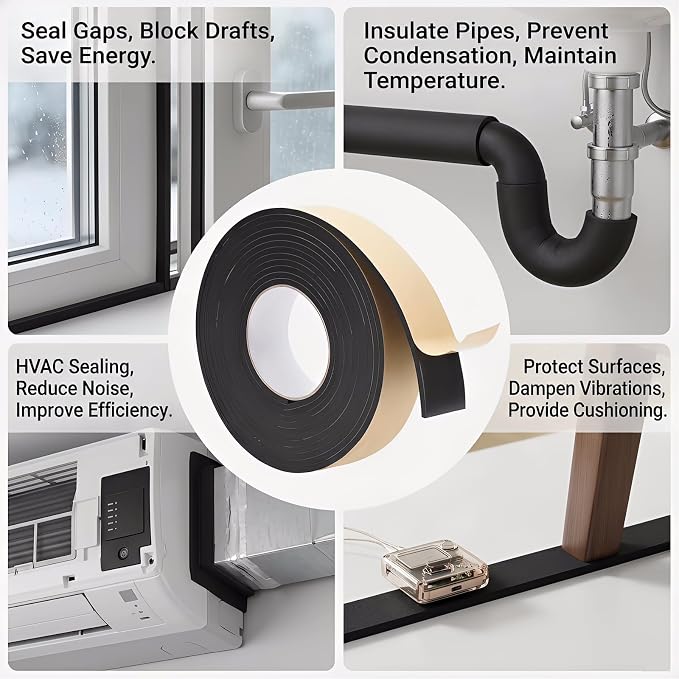 Pipe Insulation Foam Tape, 2 inch x 33 Ft Self Adhesive Insulation Wrap | Foam Pipe Insulation for Hot or Cold Water Pipes, HVAC, AC Line,Winter Freeze Protection, Weather Stripping Tape