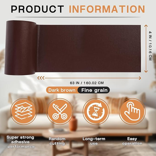 Leather Repair Patch, 4 x 63In Self Adhesive Leather Repair Tape for Furniture, Vinyl Repair Tape for Repairing Vinyl, Couch, Sofa, Car Seats, Car Interior (Dark Brown-Fine Grain)
