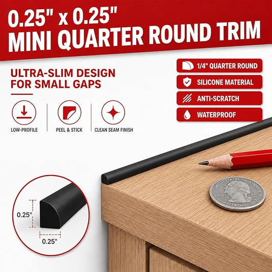 0.25" x 0.25" Mini Quarter Round Molding,20FT Self Adhesive Flexible Trim for Small Gaps, Countertop Wall Seam, Window Sill, Desk & Cabinet Edge, Peel and Stick Finishing Strip