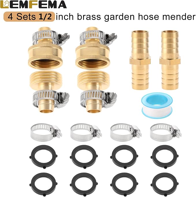 4 Sets 1/2 Inch Solid Brass Garden Hose Connector Repair Kit,Water Hose Mender Female Male Hose Coupling with Stainless Steel Clamp, Tape and Rubber Gasket