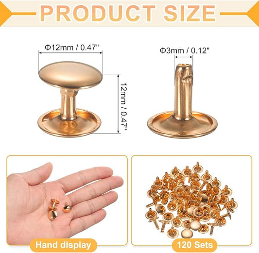 uxcell 120Set Leather Rivets, 12mm Double Cap Rivet Tubular Metal Studs Repairs Decoration Craft Accessories for Repair Decorate Leather Craft Belt Bag Shoes Purse Belts, Light Gold