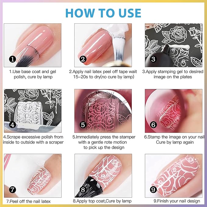 Biutee Nail Stamping Kit 15Pcs Nail Art Stamping Plate Set 8 Colors Nail Stamping Gel Polish, Nail Stamper and Scraper with Storage Bag, Nail Stamper Kit Flower Leaves Star Template Design