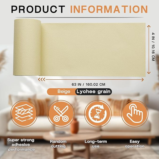 Leather Repair Patch, 4 x 63In Self Adhesive Leather Repair Tape for Furniture, Vinyl Repair Tape for Repairing Vinyl, Couch, Sofa, Car Seats, Car Interior (Beige)