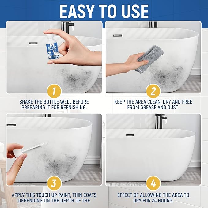 Tub Tile Gloss White Paint Touch Up Paint Kit for Bathtub Porcelain Repair Scratches Cracks Chips on Porcelain Acrylic Enamel Cast Iron Tiles Sinks Toilets White
