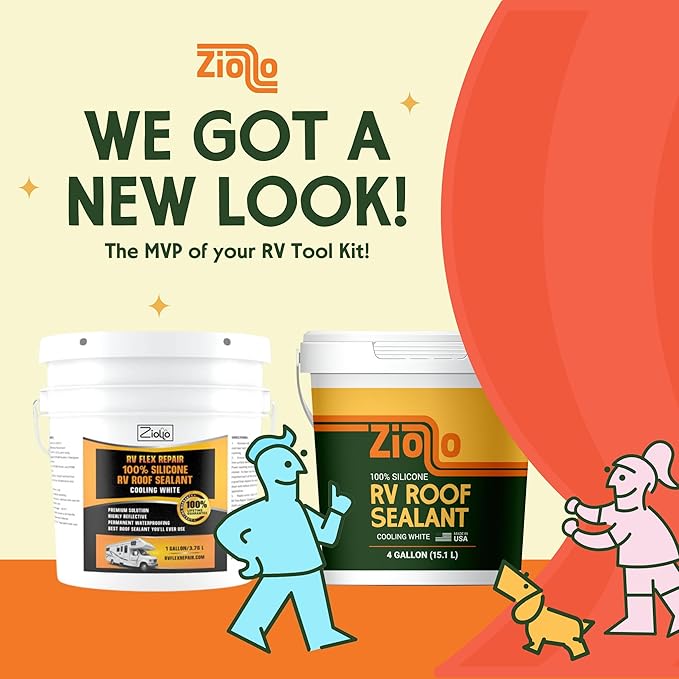 Ziollo RV 35 FT Roof Repair Kit - Roof Repair Kit to Seal and Waterproof, Bond to EPDM Rubber with Sealant (2 Paintable Tape, 4 pk Caulking, 1 Cleaner and 1G & 4G Silicone Pail)