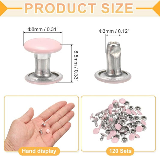 uxcell 120Set Leather Rivets, 8mm Double Cap Rivet Tubular Metal Studs Repairs Decoration Craft Accessories for Repair Decorate Leather Craft Belt Bag Shoes Purse Belts, Pink