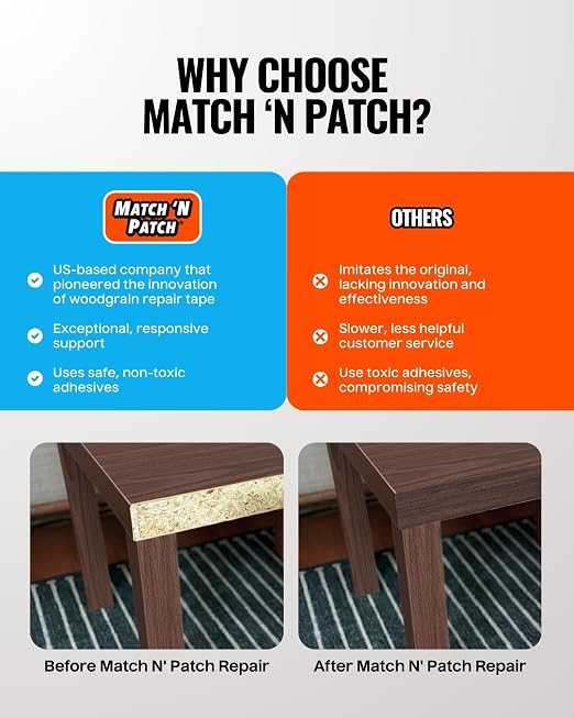 MATCH 'N PATCH Wood Grain Repair Tape - Dark Brown Oak, 2.25 in x 15 ft (1-Pack) – Wood Grain Colored Duct Tape for Mirror Frame, Trim, Borders, Floor and Other Furniture, Scratch Repair Kit