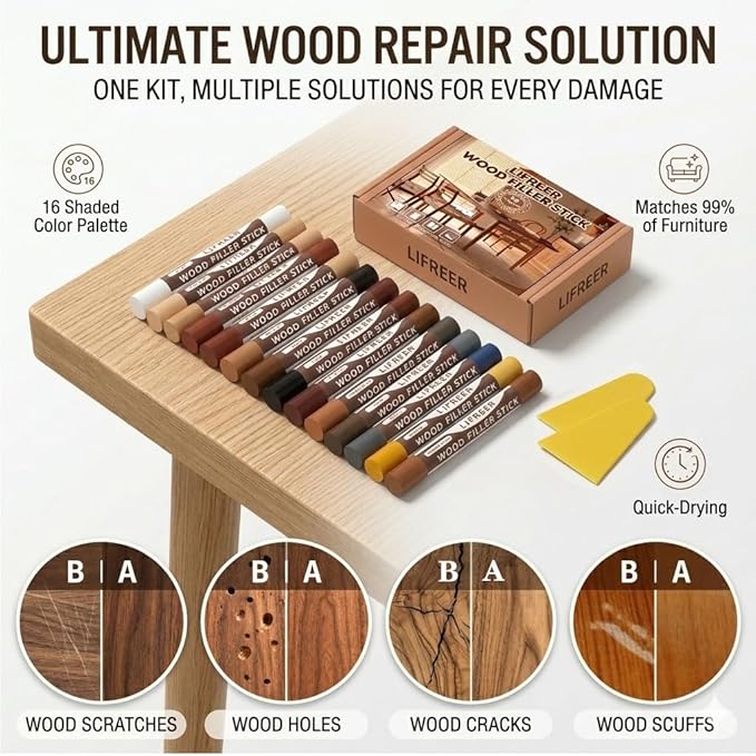 Wood Filler Sticks,16 Colors Wood Crayons for Scratches, Scuffs, Cracks, Stains and Holes, Furniture Wax Crayons Pen for Touch Up Furniture, Floors, Cabinets, Tables, and Doors