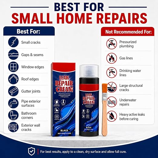 Leak Repair Cream with Brush, Black Waterproof Sealant, Flexible Patch and Sealant for Small Cracks, Gaps, Seams, Roof Edges, Gutters, Pipe Exteriors, Walls, Window Edges, Indoor Outdoor Repair