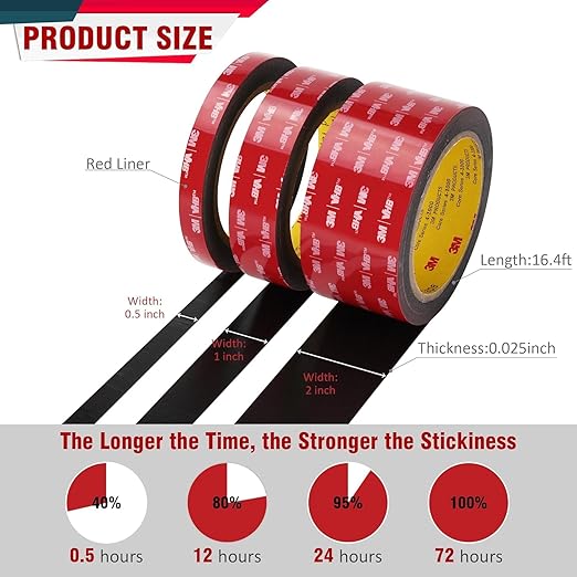3M Double Sided Tape 1"×16.4ft 5925 Black Mounting Tape Heavy Duty Waterproof Foam Tape Strong Adhesive for RV LED Strip Light Décor