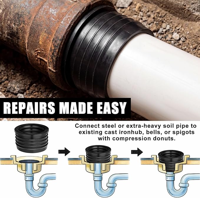 4 Pack 3'' to 3'' Cast Iron Hub to PVC Adapter Sewer Pipe Repair Kit Flexible Seal Fitting for Schedule Pipes Leak Resistant Corrosion Proof Durable