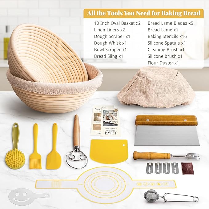 Sourdough Starter Kit, Banneton Bread Proofing Baskets Set, Sourdough Bread Baking Supplies Making Tools with Dough Scraper, Whisk, Bread Lame, Recipe