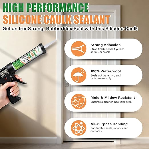 SHIELDOM Silicone Caulk White Silicone Sealant 100% Waterproof All Purpose Caulk & Seal with Caulking Tool Stronger Adhesion Shrink & Crack Proof for Kitchen, Window, Bath, Marine, Door 14oz/400ml
