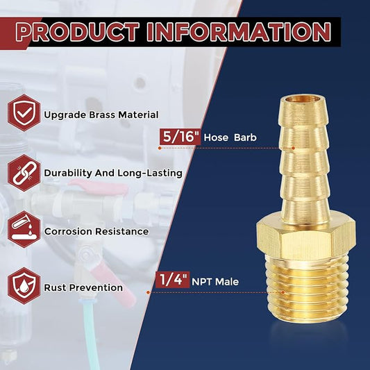 Pack of 4 Brass Hose Barb Fittings Adapter Connector 5/16" Hose Barb to 1/4" NPT Male Fittings for Home Machines, Massage Bathtubs, and Irrigation Systems