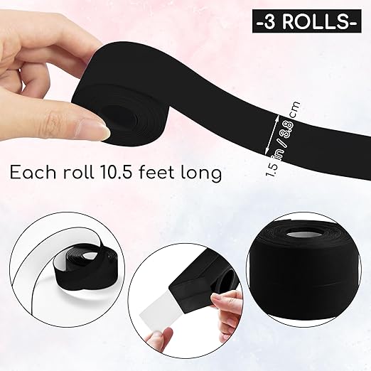 3 Rolls 10.5 Feet Caulk Tape Toilet Caulking Strip Self Adhesive Bathroom Sealing Peel and Stick Caulk Strip for Bathtub, 1.5 Inches (Black)