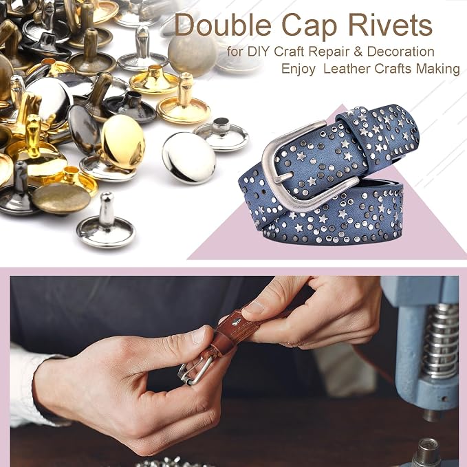 CooBigo 400Sets Rivets for Leather, 10mm Double Round Cap Rivets, Leather Rivets Tubular Studs Spike for Purse Strap Key Rings Clothing Fabric Pets Collar Repair Hardware (4 Color)