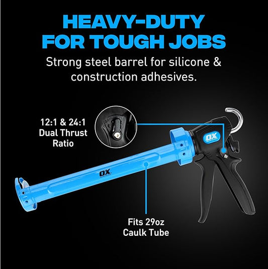 OX Pro 29 oz Caulking Gun - Heavy Duty Dual Thrust (24:1 or 12:1) Manual Caulk Gun for Large 29 oz Cartridges - Best Professional Caulking Tool for Sealant & Adhesive