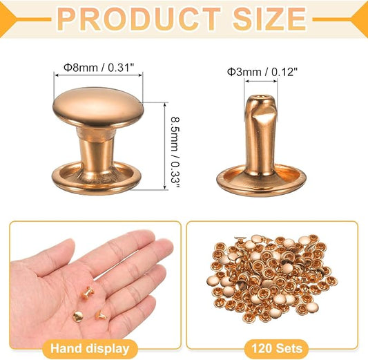 uxcell 120Set Leather Rivets, 8mm Double Cap Rivet Tubular Metal Studs Repairs Decoration Craft Accessories for Repair Decorate Leather Craft Belt Bag Shoes Purse Belts, Light Gold