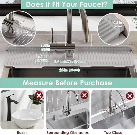24 Inch Silicone Faucet Mat for Kitchen Sink Splash Guard - 7° Slope Water Draining Mat With Fasten Button for Bathroom Area (Gray, 24"x5.5")