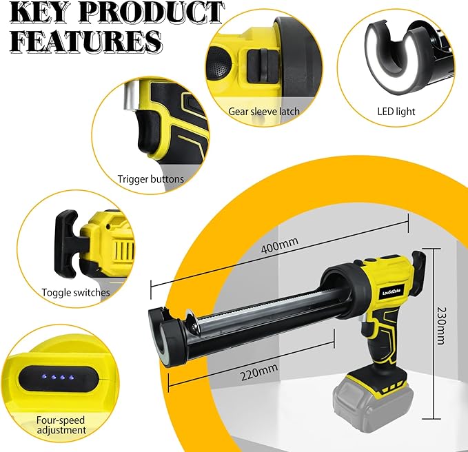 Cordless Caulking Gun Compatible for DeWalt 20V Max Battery, 10 Oz/300ml Electric Silicone Gun,with LED Light,4 Adjustable Speed for Filling, Sealing, Repair(No Battery)