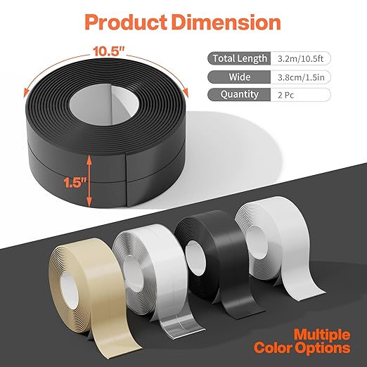 Dstorelhp 2 Rolls Black Caulk Tape Waterproof Self Adhesive, Decorative Caulking Tape for Kitchen, Countertop, Bathroom, Sink, Bathtub, Toilet, Shower (1.5" x 10.5Ft)