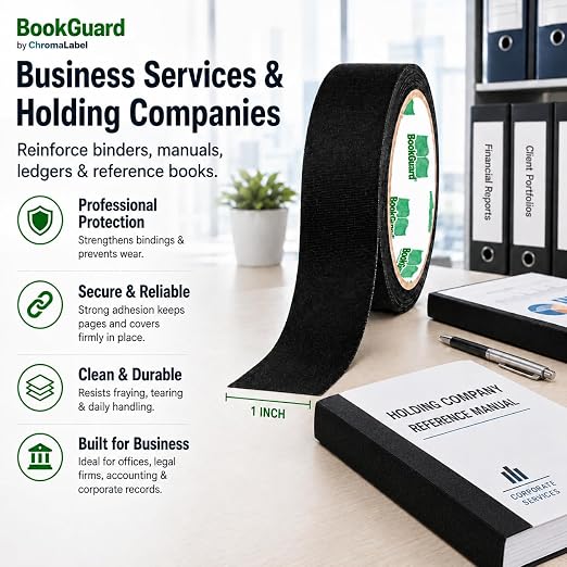 BookGuard 1 Inch Black Book Binding Tape, 15 Yard Book Repair Cloth Tape, Self-Adhesive Bookbinding Tape for Spines, Hinges, Covers, Bibles, Hymnals, Libraries and Schools