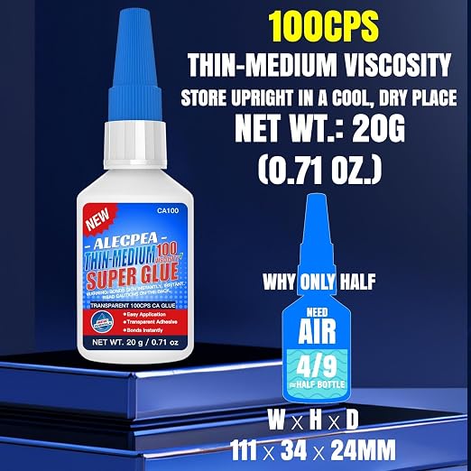 20g Thin-Medium CA Glue (100 CPS), Instant Clear Cyanoacrylate Glue for Wood, Glass, Metal, Paper, Leather, Plastic, Ceramic, Rubber, Jewelry, Woodworking, Hobby Models, and Craft Project