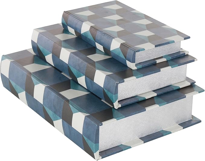 Deco 79 Faux Leather Decorative Box Faux Book Storage Book Shaped Boxes with Black and White Geometric Patterns, Set of 3 Decorative Keepsake Boxes 13", 11", 9"H, Blue