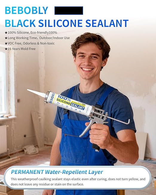 Black Silicone Caulk & Sealant, 100% Waterproof Silicone Caulking, Silicone Sealant Caulking for Kitchen, Bathroom, RV, Interior & Exterior Use, Shrink & Crack Proof, 10.2 FL. OZ/300ML, 12 Pack