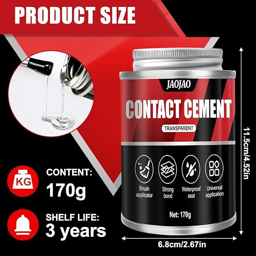 Contact Cement Adhesive, 6 OZ Contact Cement with Brush - Waterproof & Heat-Resistant, Instant Strong Bond for Wood, Metal, Leather, Laminate - Ideal for Carpentry, Shoe Repair & DIY Projects