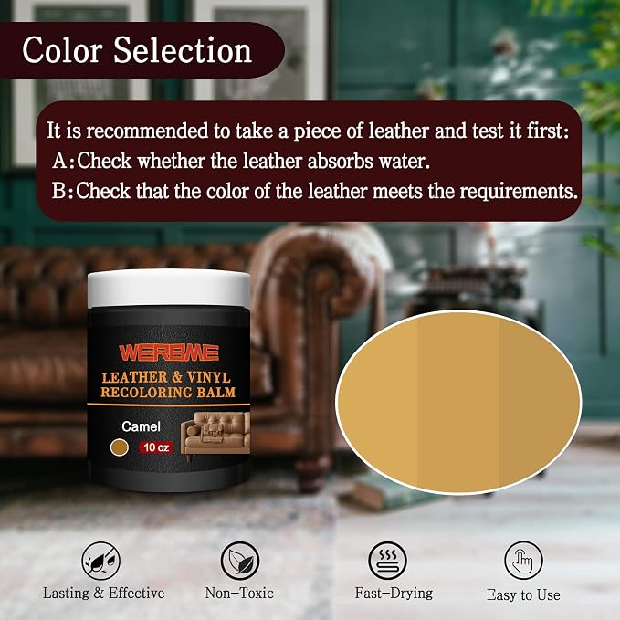 Leather Recoloring Balm & Color Restorer, Camel, 10 OZ | Restore Faded Leather Color, Cover Scratches & Scuffs. Easy DIY Application for Furniture, Sofa, Car Seats, Bags & Shoes