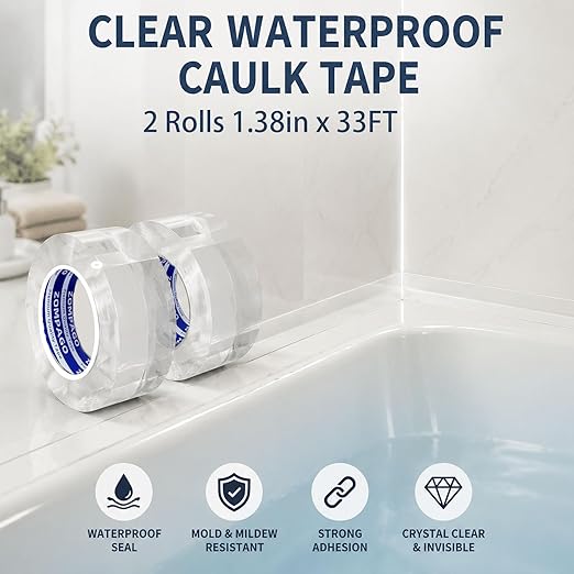ZOMPAGO Caulk Tape 2Roll,1.4in X 33FT Clear Waterproof Self Adhesive Caulking Tape Peel and Stick Caulk Strip for Bathroom Bathtub Toilet Kitchen Vanity Stain Resistant