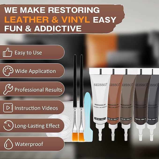 SEISSO Brown Leather Repair Kit for Furniture, Vinyl Couch Repair Kit for Sofa,Restores Any Material, Bonded, Pleather, for Scratch, Tears, Burn Holes with Super Easy Instructions (5 Colors)